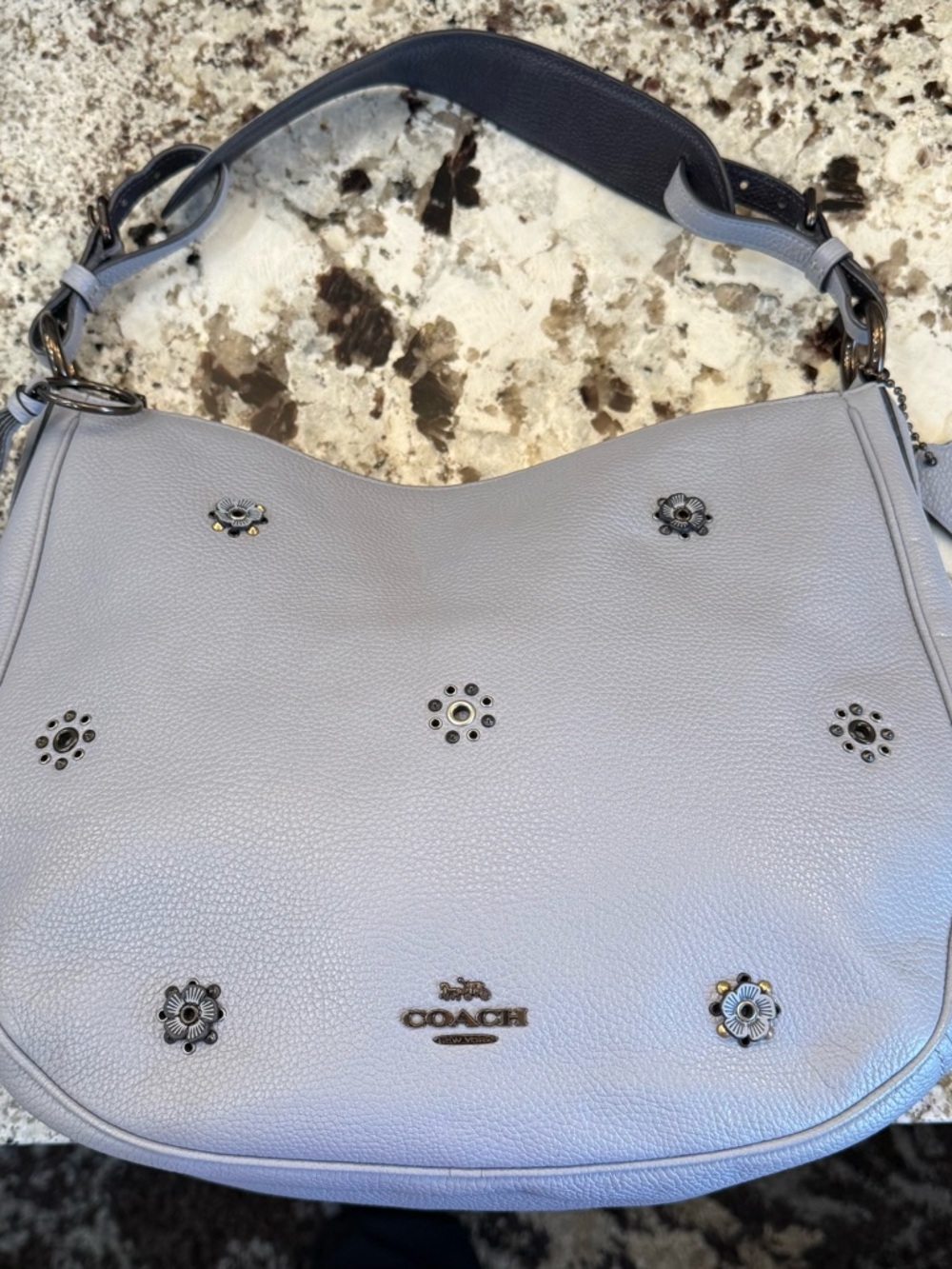 Coach Light Blue-Gray Pebble Leather Shoulder Hobo with Floral Stud Accents. - Picture 2 of 9